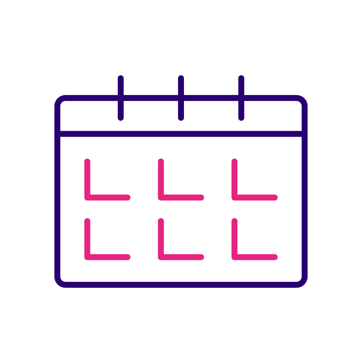 A minimalist calendar icon with a purple outline and pink accents, displaying a grid of days in a simple, modern design.