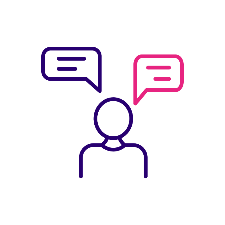 Outline of a person facing two speech bubbles, symbolizing communication or contrasting opinions.