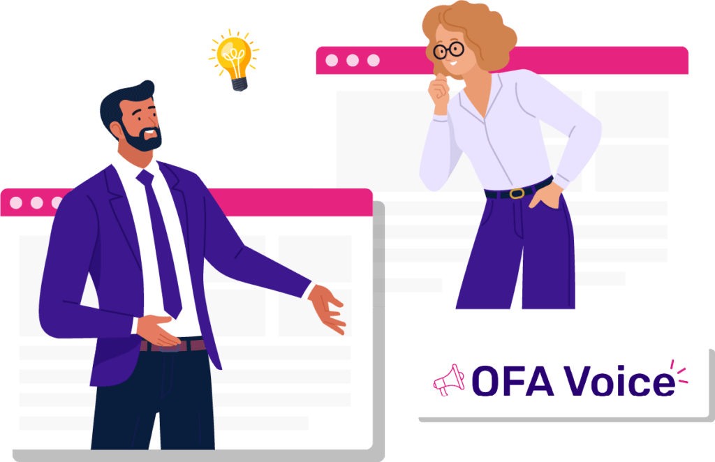 Two illustrated characters engage in conversation, one gesturing expressively, while the other appears intrigued and thoughtful. "OFA Voice" logo displayed.