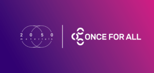 Logo for 2050 Materials and Once For All, set against a gradient purple background.